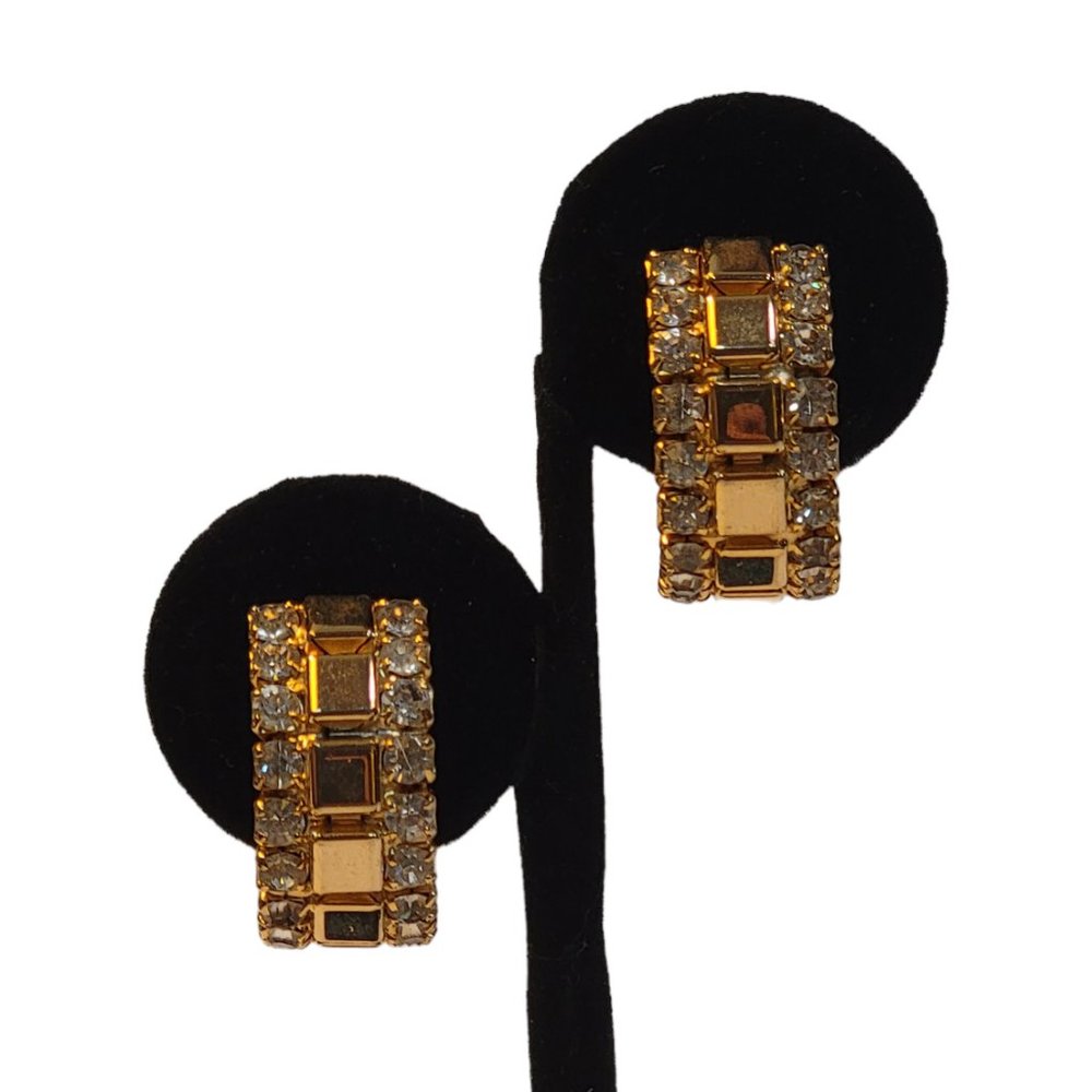Vintage 1960s Gold & Clear CZ Huggie Clip-On Curved Earrings - Excellent - Glam!